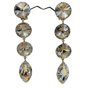 VTG runway clear Austrian Crystal rivoli Earrings Jeweled long  Dangle clip 80s
